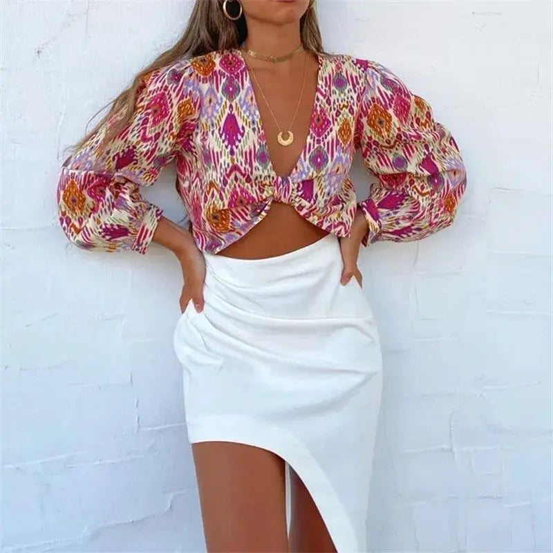 Print Skirt Shorts Woman Floral Top Long Sleeve Knot Crop Top Suits Silver Sam