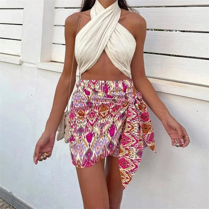 Print Skirt Shorts Woman Floral Top Long Sleeve Knot Crop Top Suits Silver Sam