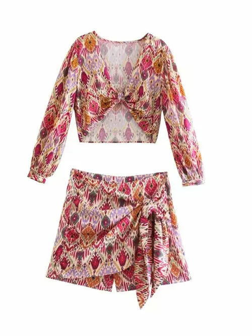 Print Skirt Shorts Woman Floral Top Long Sleeve Knot Crop Top Suits Silver Sam