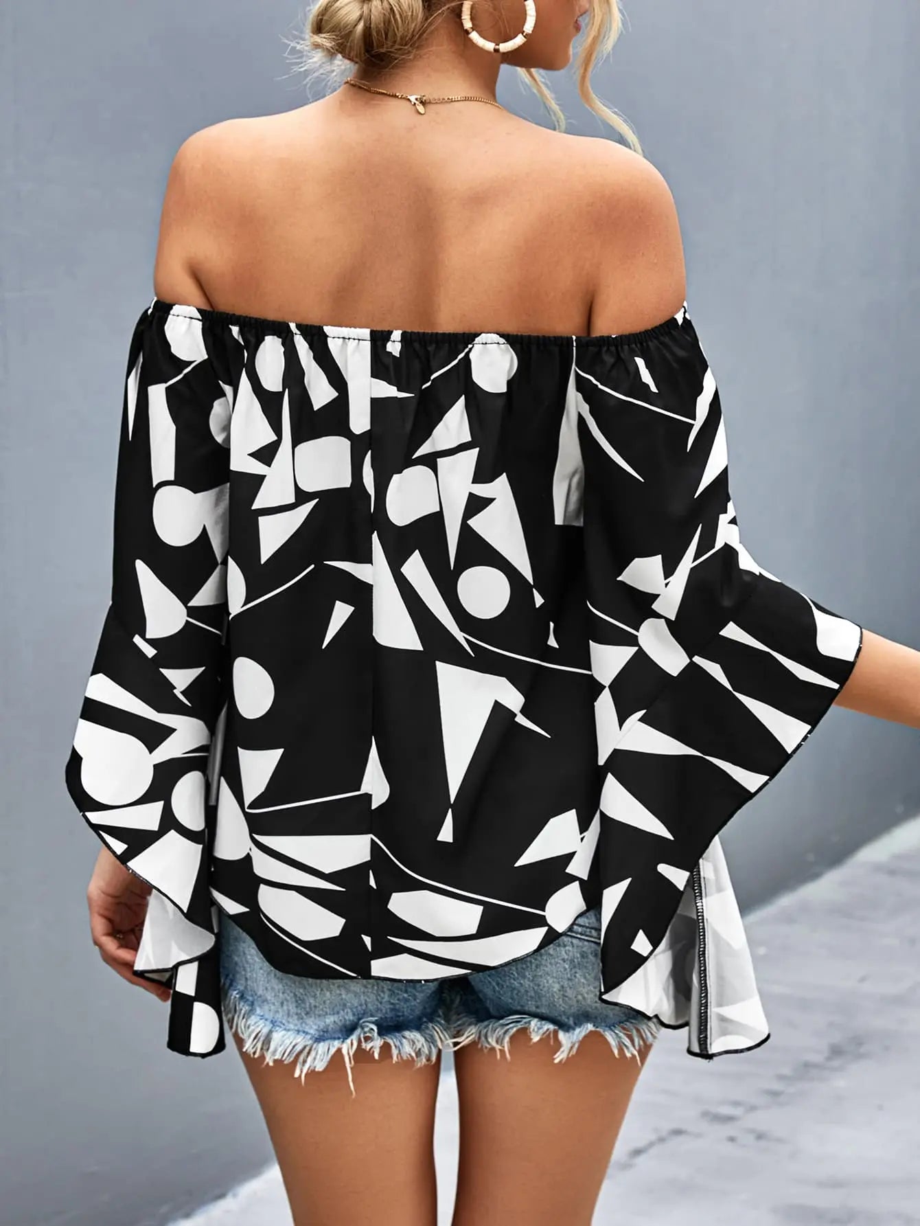 Printed Off-Shoulder Bell Sleeve Blouse - Nestled Hill