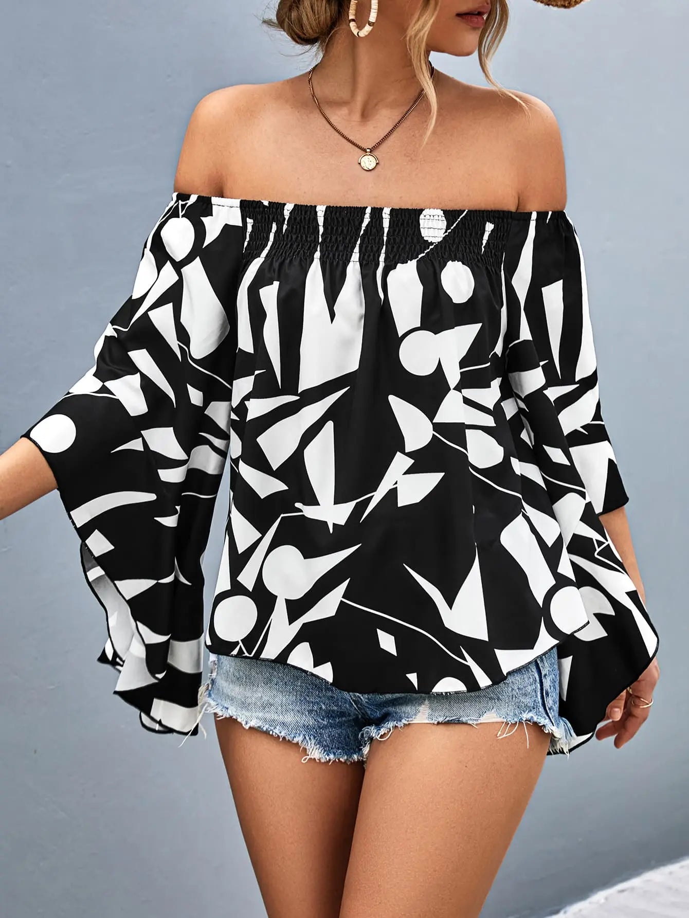 Printed Off-Shoulder Bell Sleeve Blouse - Nestled Hill