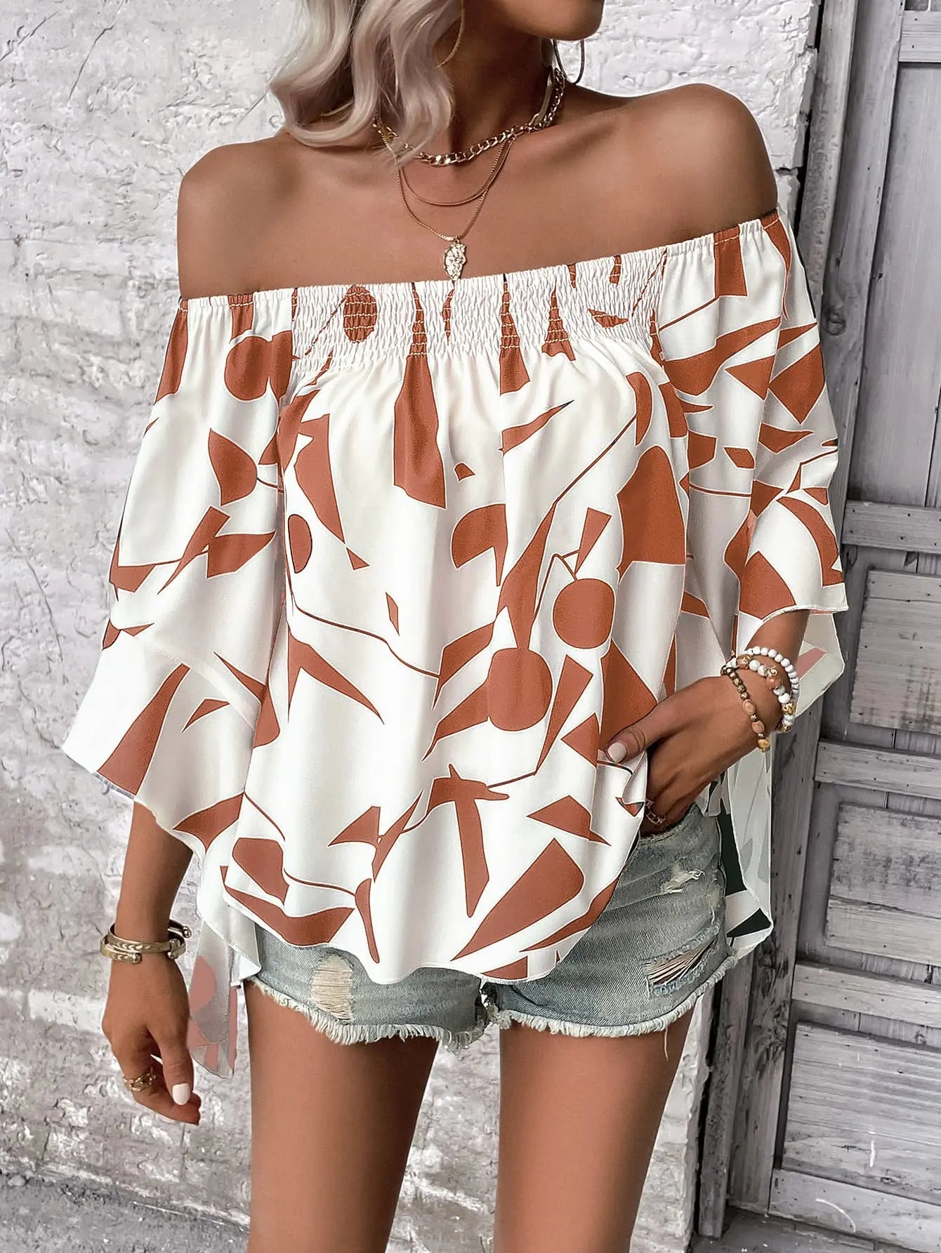 Printed Off-Shoulder Bell Sleeve Blouse - Nestled Hill