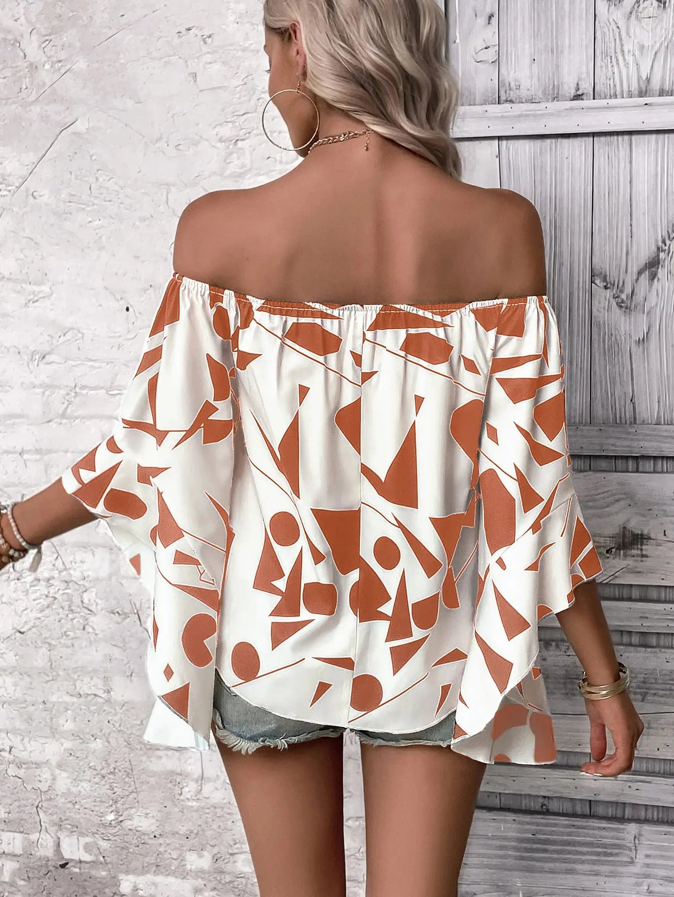 Printed Off-Shoulder Bell Sleeve Blouse - Nestled Hill