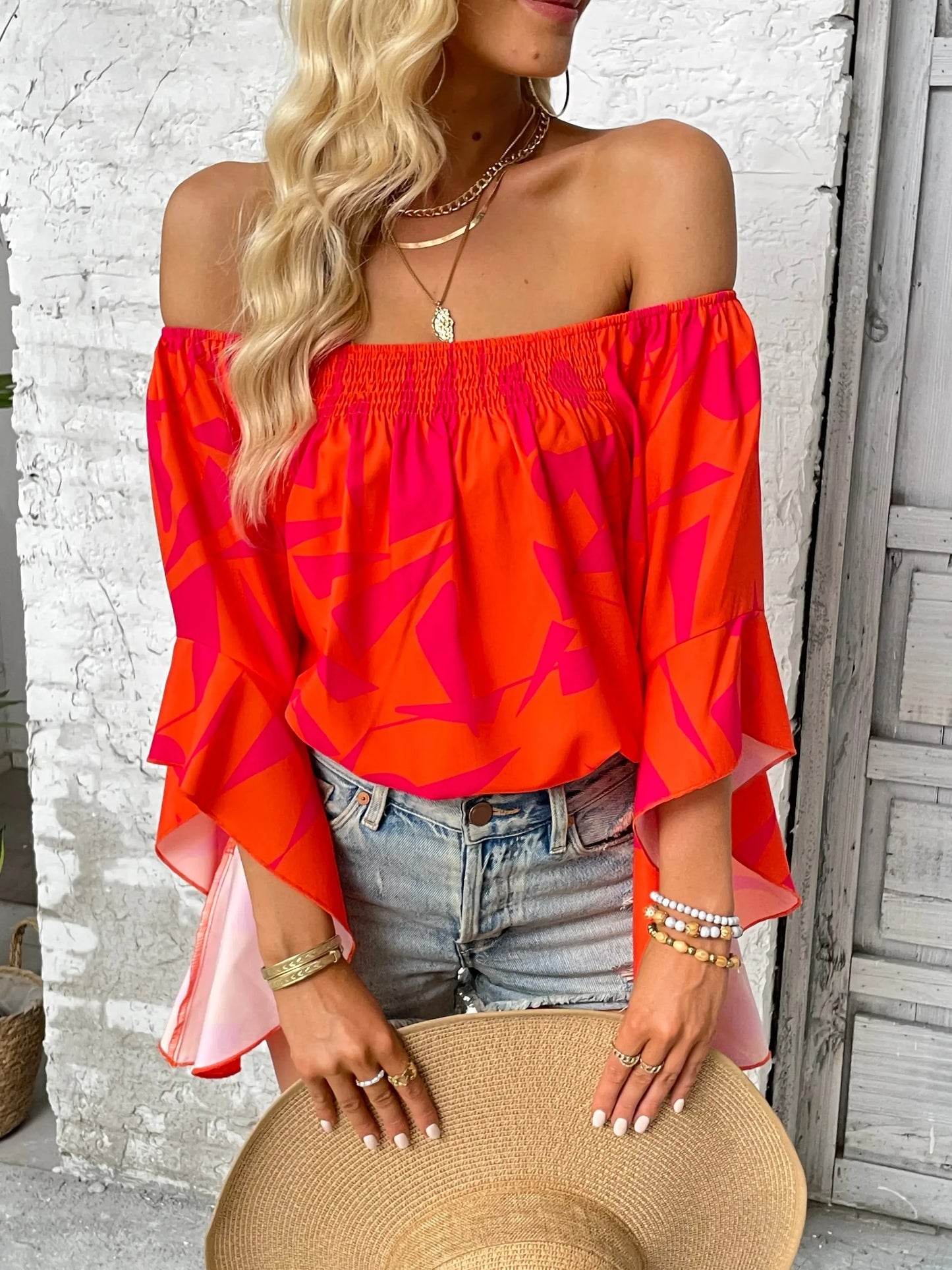 Printed Off-Shoulder Bell Sleeve Blouse - Nestled Hill