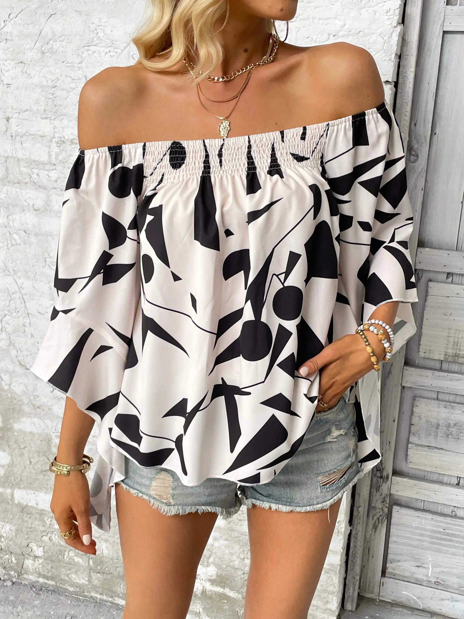 Printed Off-Shoulder Bell Sleeve Blouse - Nestled Hill