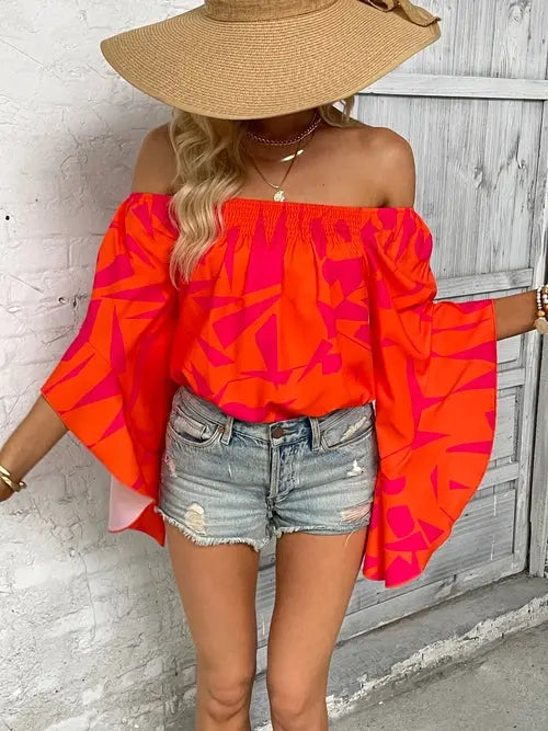 Printed Off-Shoulder Bell Sleeve Blouse - Nestled Hill