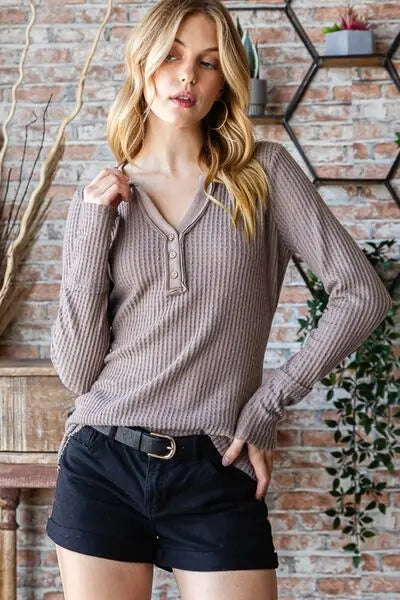 Reborn J Waffle Knit Notched Long Sleeve Top - Nestled Hill