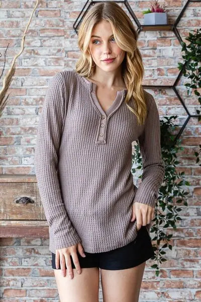 Reborn J Waffle Knit Notched Long Sleeve Top - Nestled Hill