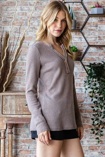 Reborn J Waffle Knit Notched Long Sleeve Top - Nestled Hill