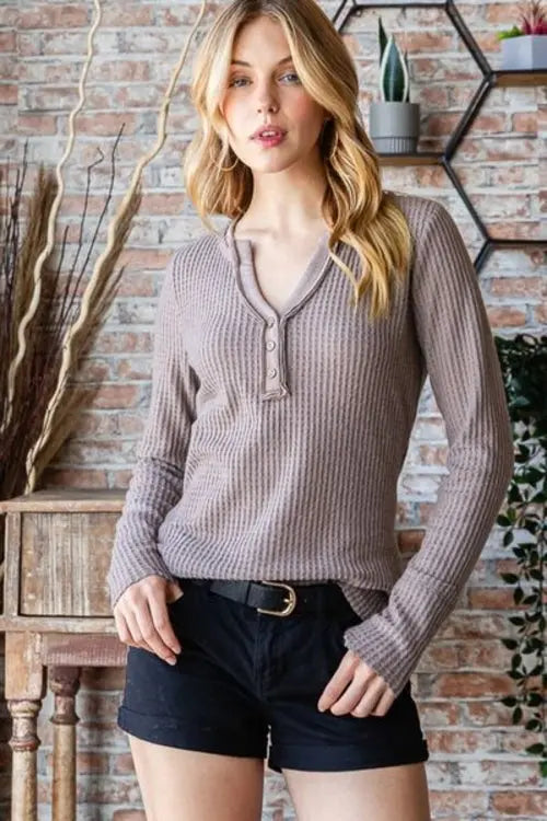 Reborn J Waffle Knit Notched Long Sleeve Top - Nestled Hill