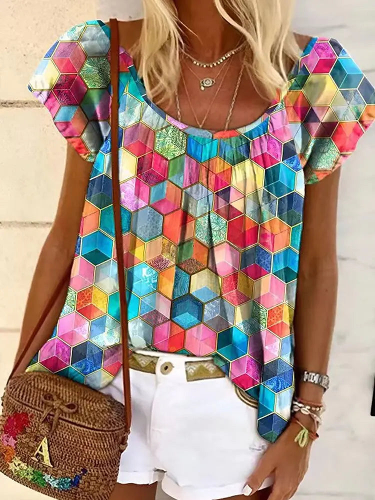 Round Neck Shirt Blouse Colorful Geometric Print Silver Sam