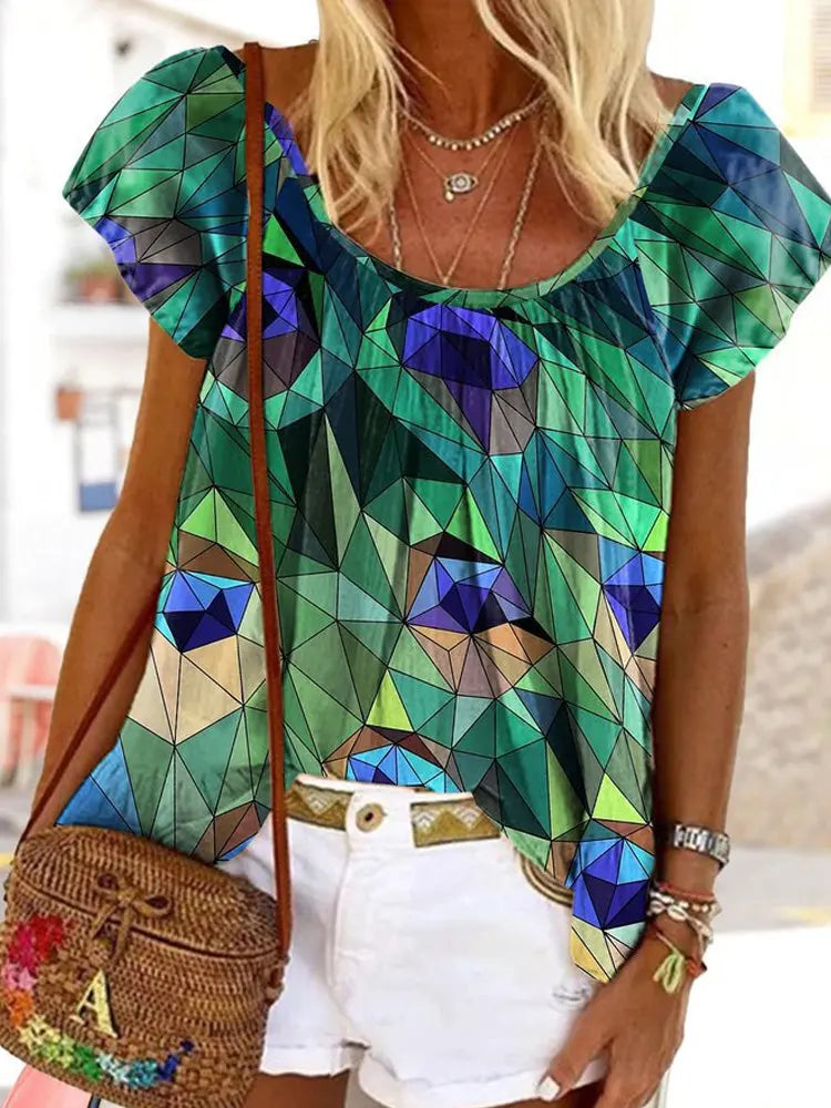 Round Neck Shirt Blouse Colorful Geometric Print Silver Sam