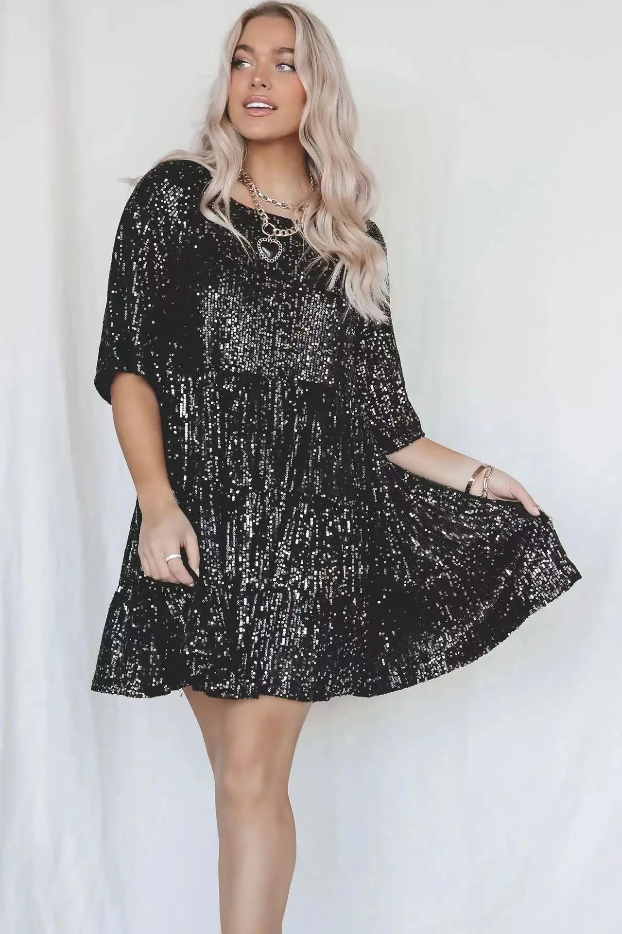 Round Neck Short Sleeve Glitter Dress Silver Sam