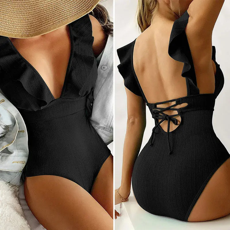 Ruffle Swimsuit Swimwear Black Color Back String Monokini - Nestled Hill