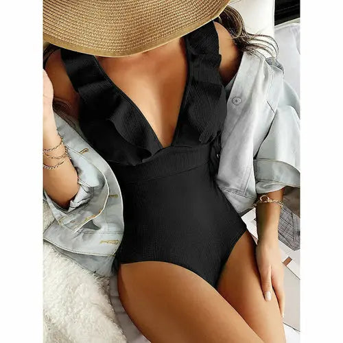 Ruffle Swimsuit Swimwear Black Color Back String Monokini - Nestled Hill