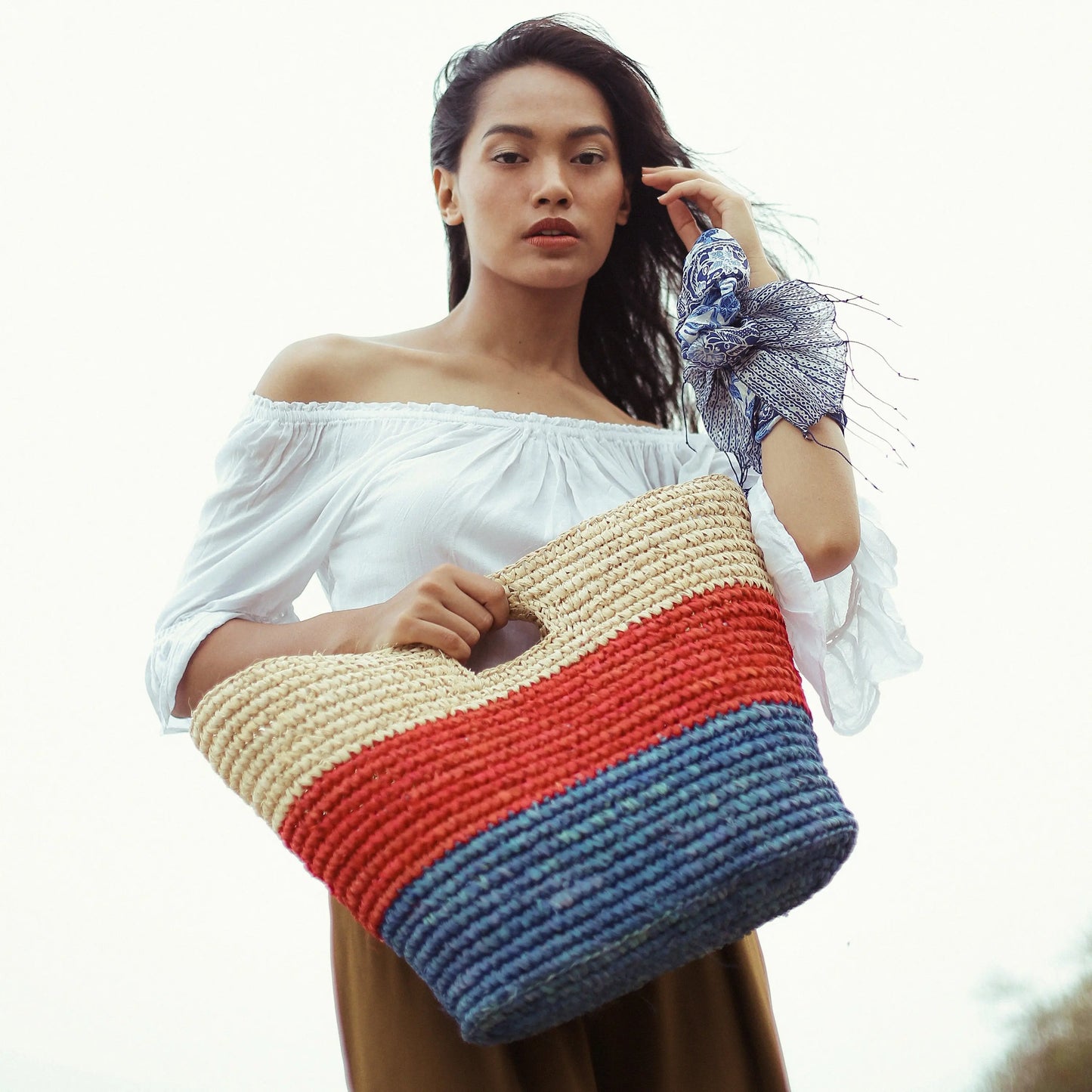 SAYAN Raffia Tote Bag, in Red & Blue Cocoa Brunn