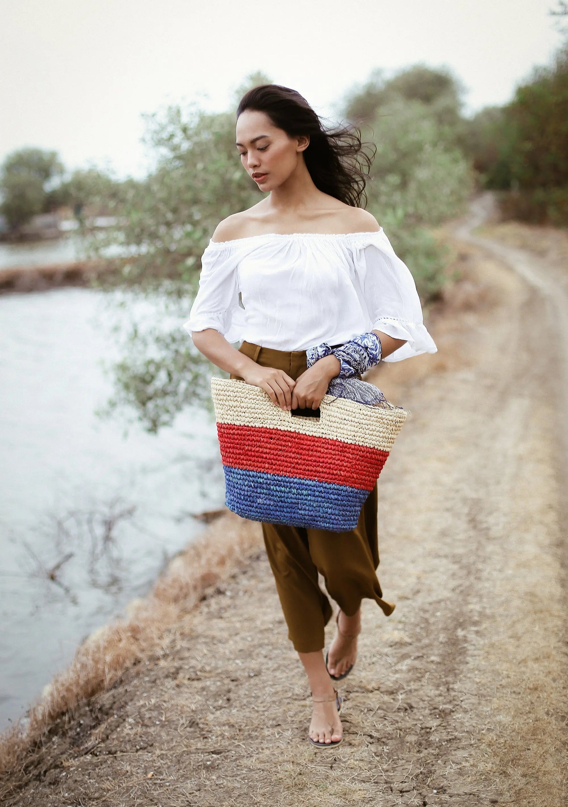 SAYAN Raffia Tote Bag, in Red & Blue Cocoa Brunn