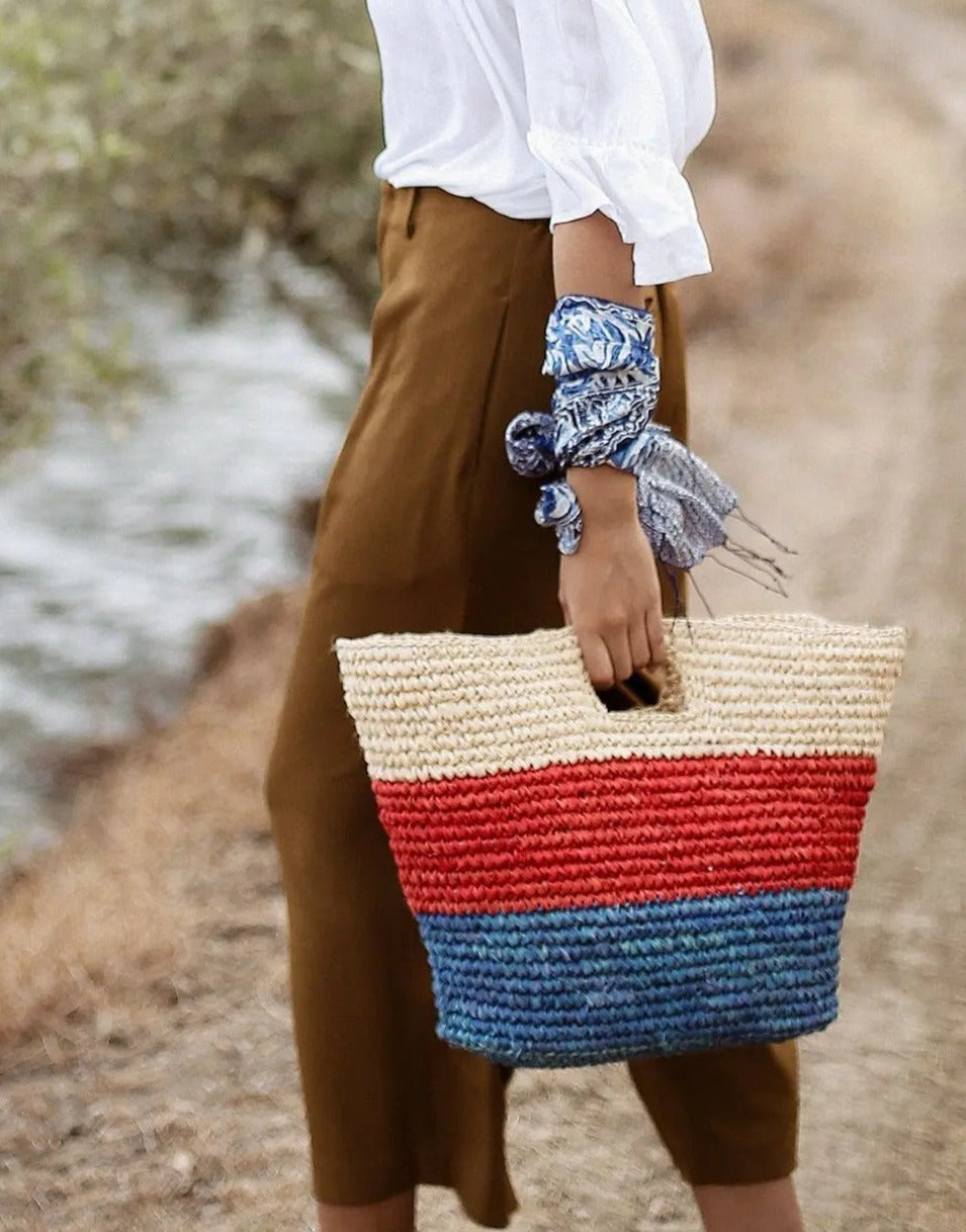 SAYAN Raffia Tote Bag, in Red & Blue Cocoa Brunn