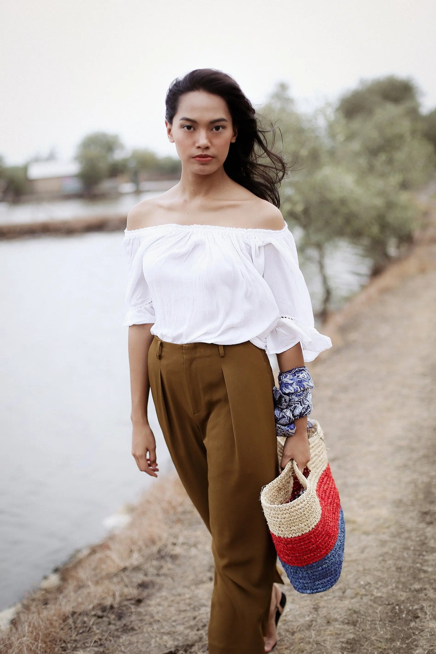 SAYAN Raffia Tote Bag, in Red & Blue Cocoa Brunn