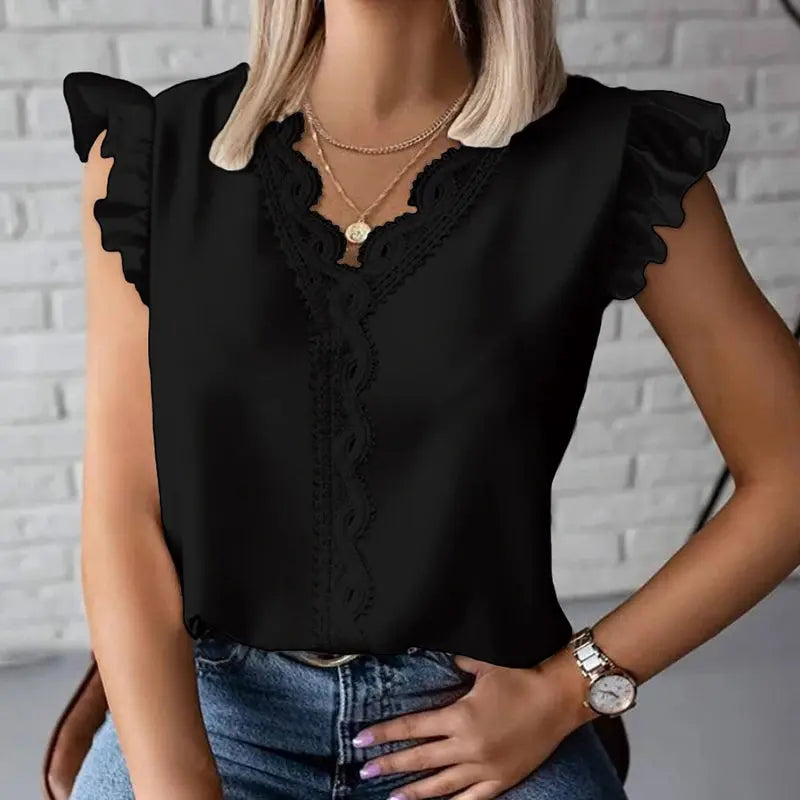 Simple Fashion V Neck Splicing Lace Blouses Women Spring Elegant Solid Magenta Angel