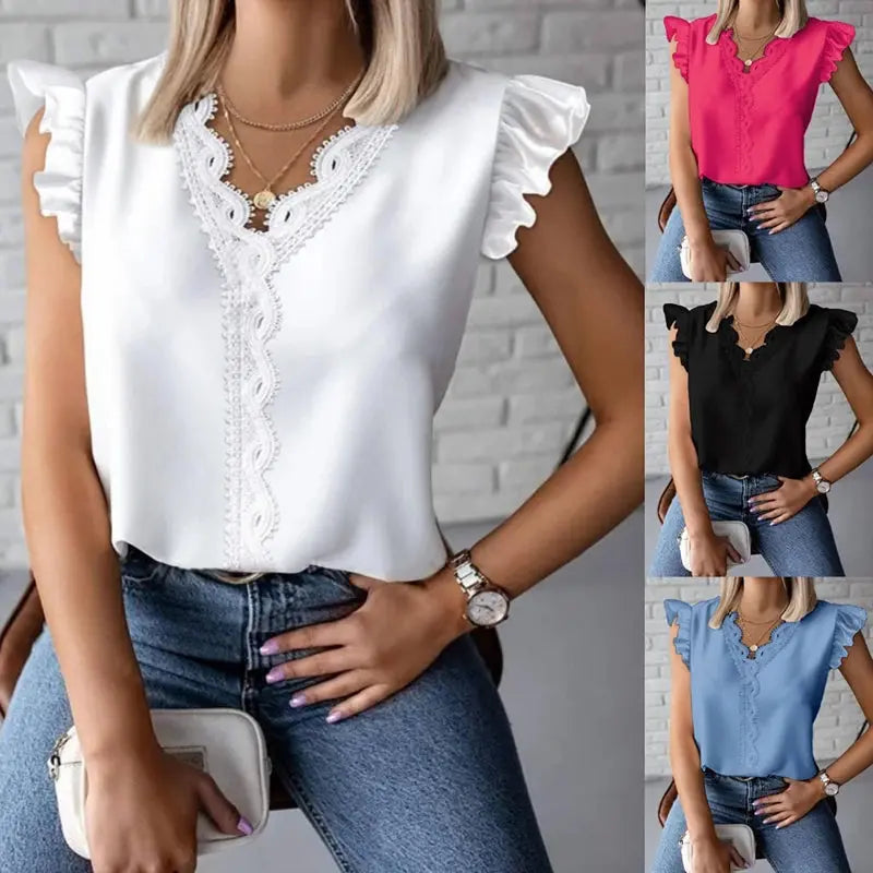 Simple Fashion V Neck Splicing Lace Blouses Women Spring Elegant Solid Magenta Angel