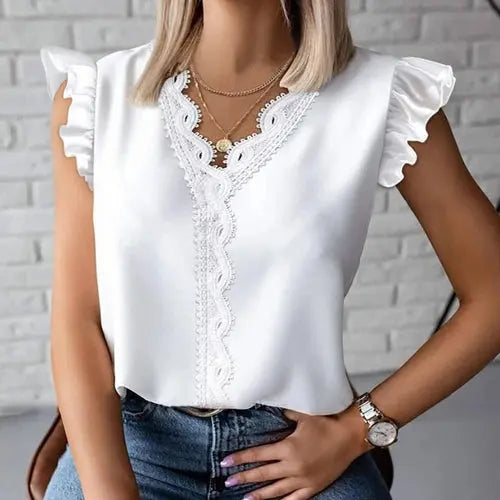 Simple Fashion V Neck Splicing Lace Blouses Women Spring Elegant Solid Magenta Angel