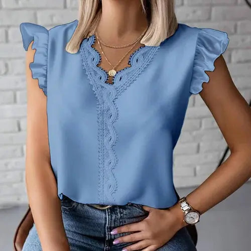 Simple Fashion V Neck Splicing Lace Blouses Women Spring Elegant Solid Magenta Angel