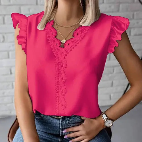 Simple Fashion V Neck Splicing Lace Blouses Women Spring Elegant Solid Magenta Angel