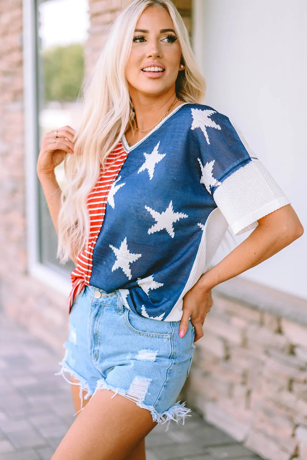 Stars & Stripes Print Knit Short Sleeve Top Teal Demeter