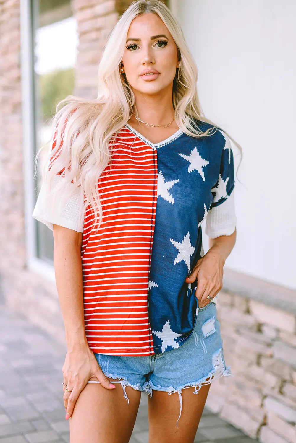 Stars & Stripes Print Knit Short Sleeve Top Teal Demeter