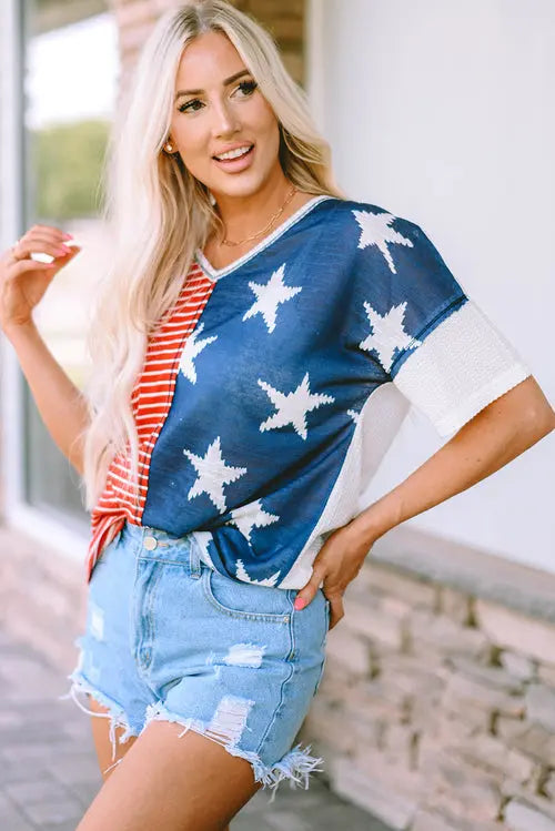 Stars & Stripes Print Knit Short Sleeve Top Teal Demeter