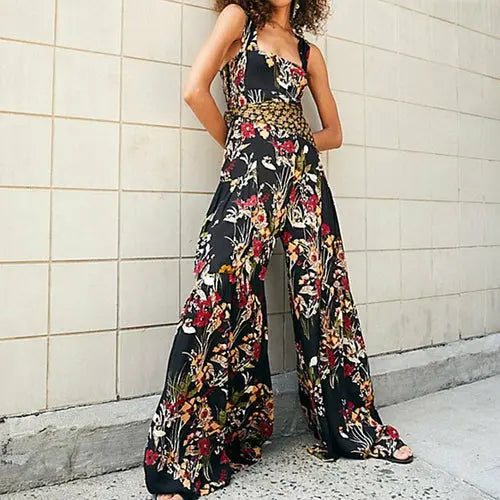 Summer Sexy Bohemian Playsuits Womens Floral Print Wide Leg Overalls - Nestled Hill