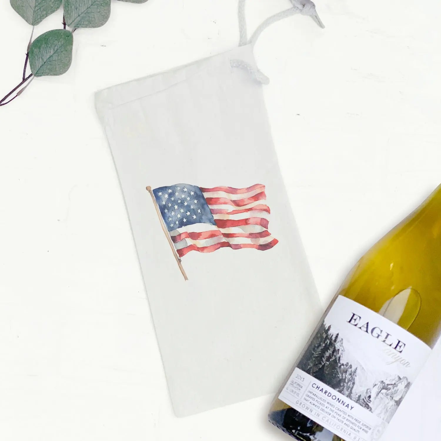 Watercolor American Flag - Canvas Wine Bag White Helen