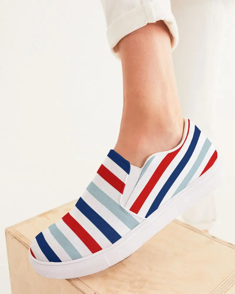 Womens Sneakers - Canvas Slip On Shoes, Red White Blue Striped Print Grey Coco