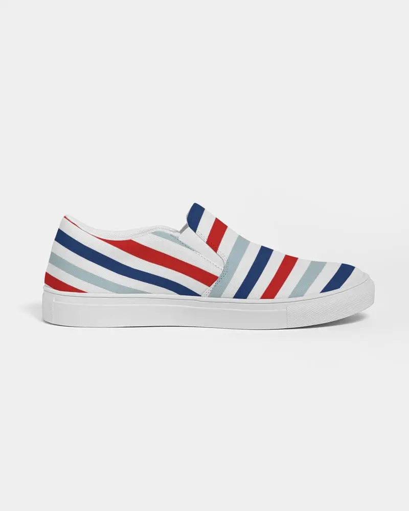 Womens Sneakers - Canvas Slip On Shoes, Red White Blue Striped Print Grey Coco