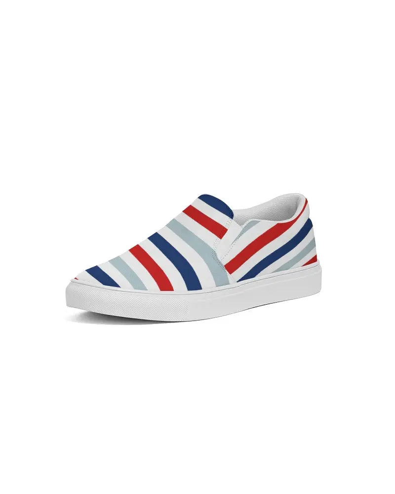 Womens Sneakers - Canvas Slip On Shoes, Red White Blue Striped Print Grey Coco